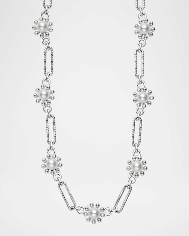 Luna Fleur Floral Pearl Link Necklace in Sterling Silver, 18"L